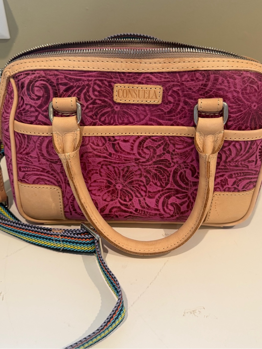 NWOT Consuela Lunchbox Size Pink Patterned Satchel with Tan Trim